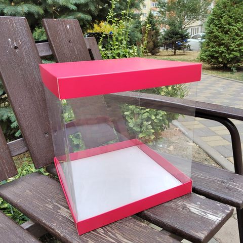 Коробка для торта, тубус красный с прозрачными стенками, размер 26х26х28 см (Акция)