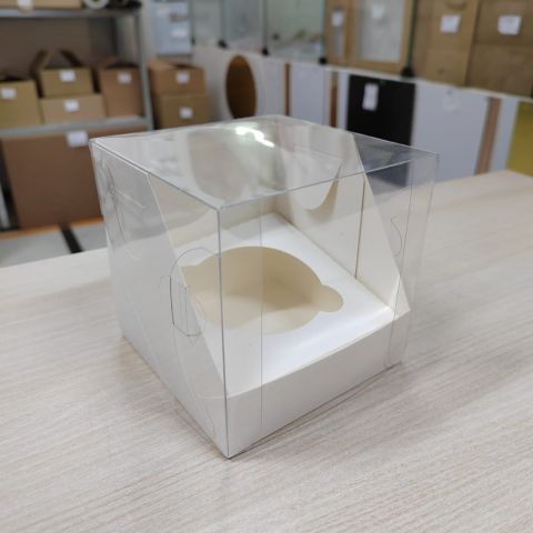 Коробка для 1 капкейка эконом 10*10*10 с пластиковой крышкой белая