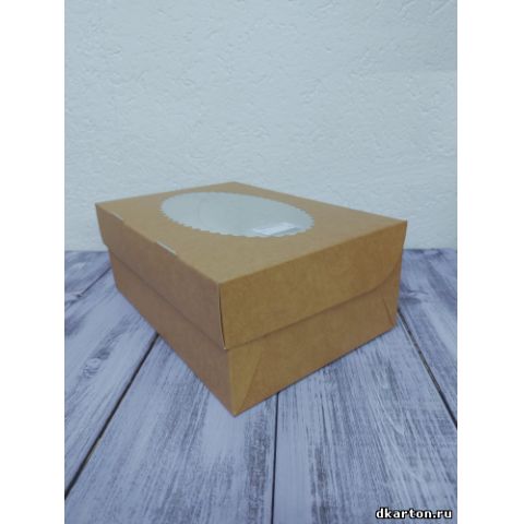 Коробка для 6 капкейков крафт ламинированная с окном двухсторонняя 25х17х10 см