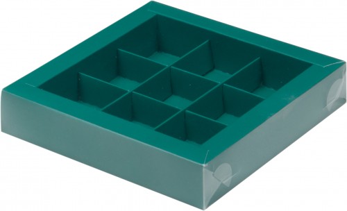 Коробка с разделителями на 9 конфет 15,5*15,5*3 с пластиковой крышкой зеленая