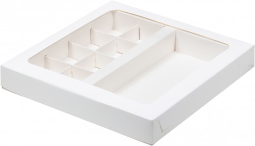 Коробка с вклеенным окном для конфет 200х200х30 мм (8 ячеек ) + для шоколадной плитки 160х80 мм (белая)