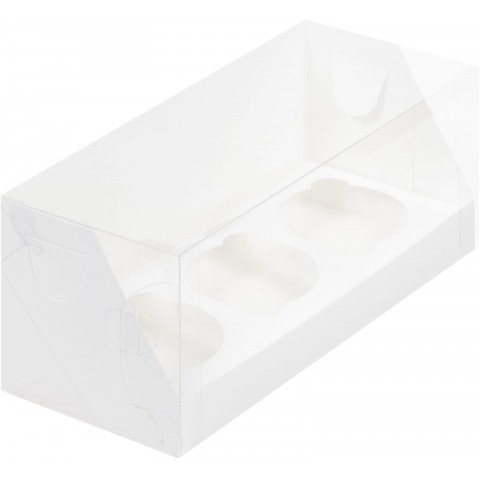 Коробка для 3 капкейков, цвет белая, с пластиковой крышкой, размер 24х10х10 см.