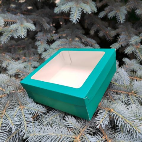 Коробка для зефира, тортов и пирожных со съемной крышкой и окном 200х200х70мм (зеленая мат.)