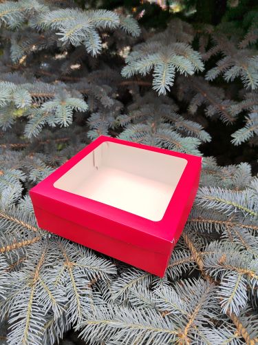 Коробка для зефира, тортов и пирожных со съемной крышкой и окном 20*20*7 см (красная мат.)