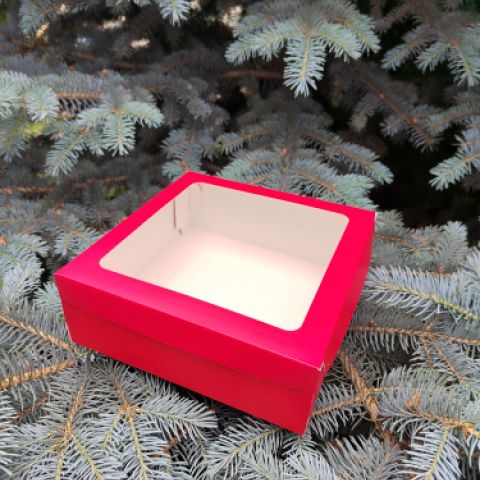 Коробка для зефира, тортов и пирожных со съемной крышкой и окном 20х20х7 см (красная мат.)