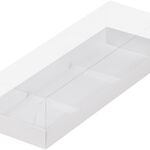Коробка под муссовые пирожные с пластиковой крышкой 29x9,5x8 на 3 шт. белая