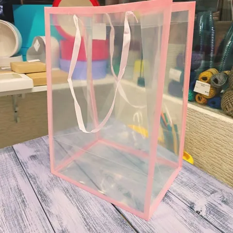 Пакет с окном на липучке ассорти 35*25*15 бол, окантовка розовая