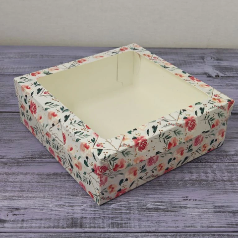 Коробка для зефира, тортов со съемной крышкой окно 20*20*7, розы