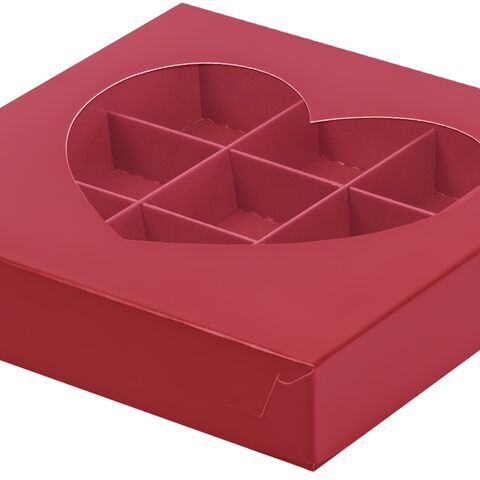 Коробка для 9 конфет окно Сердце 15,5*15,5*3 красная матовая