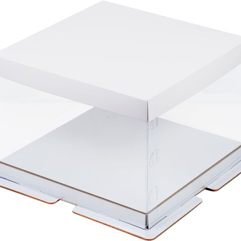 Коробка под торт ПРЕМИУМ с пьедесталом прозрачная 26*26*18 белая