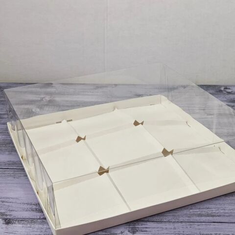 Коробка под муссовые пирожные с пластиковой крышкой 30*30*8 9 шт белая