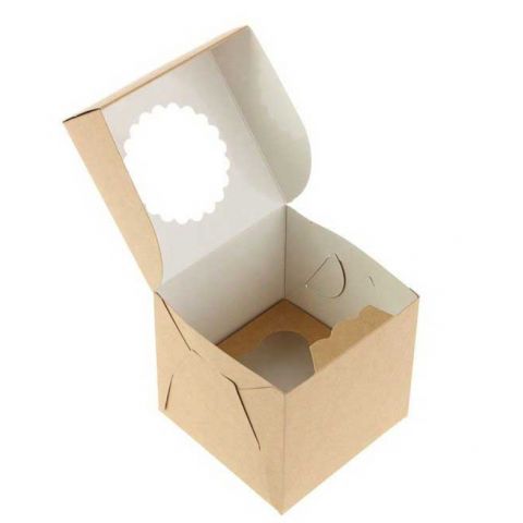 Коробка на 1 капкейк крафт, ламинированная пленкой внутри с окном 10х10х10 см